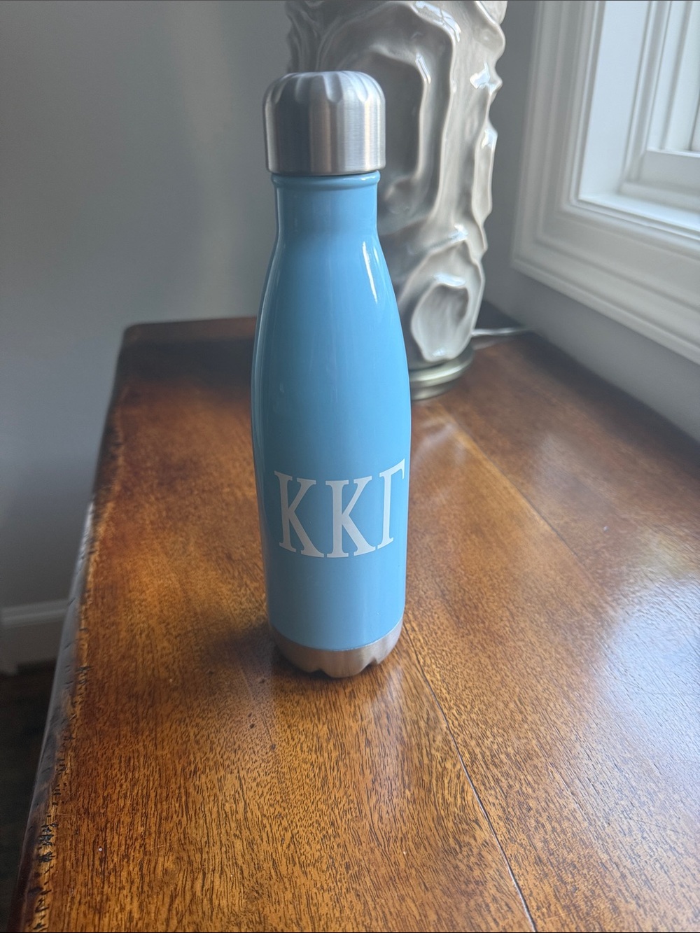 Light Blue Stainless Steel Water Bottle with White Monogram with KKG KAPPA